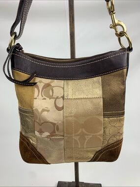 Vintage Coach leather Suede Patchwork Shoulder Bag Brown tan Gold hardware